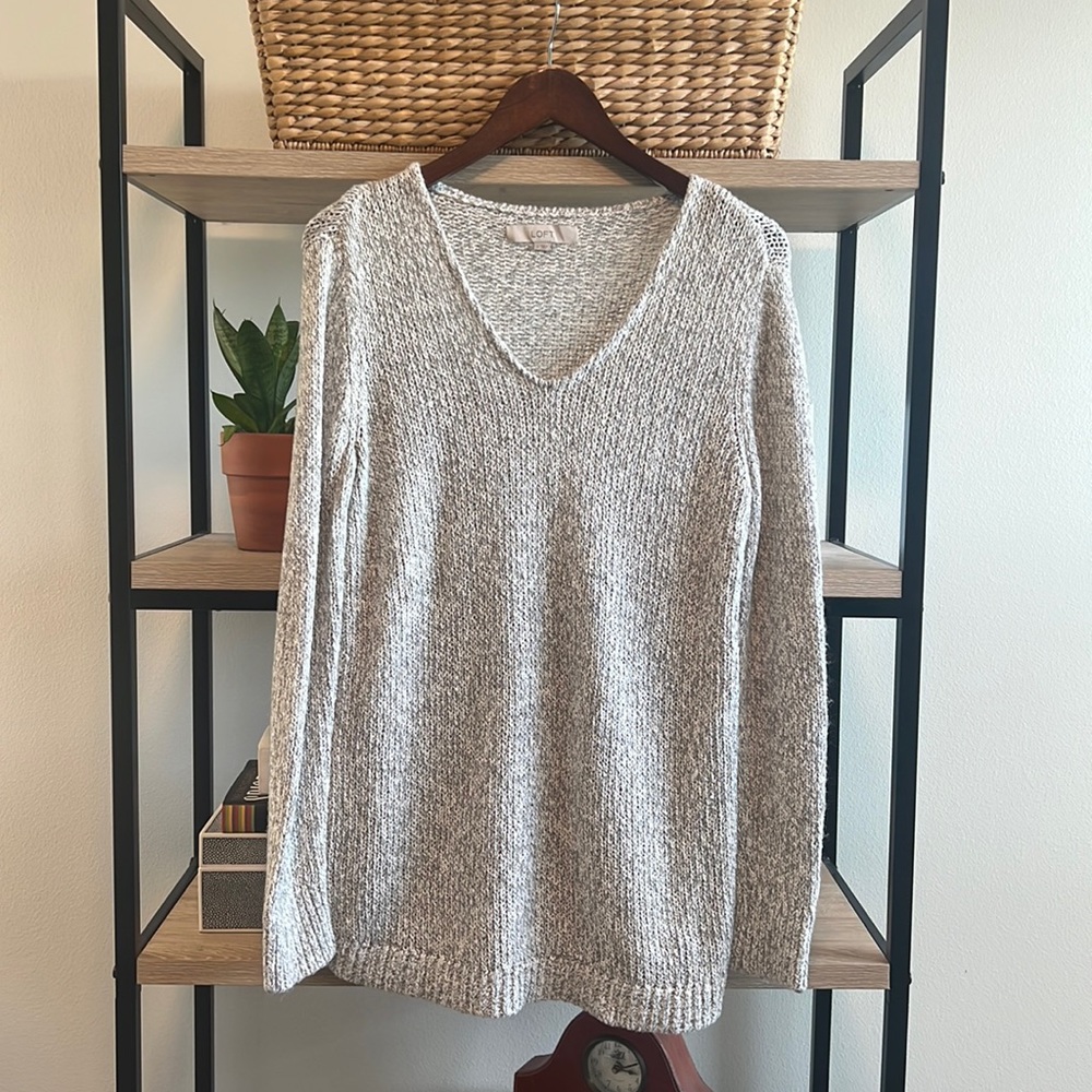 LOFT V-neck Cable Gray Heather Sweater Knit, M - Picture 1 of 6